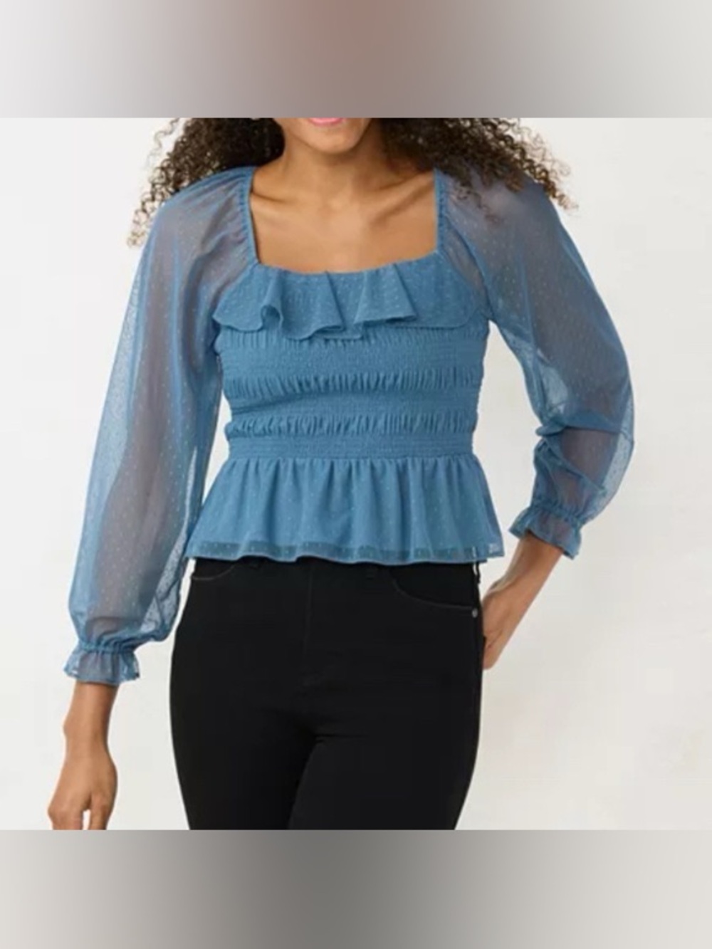 LC Lauren Conrad Dusty Blue Smocked Ruffle Square-Neck Blouse